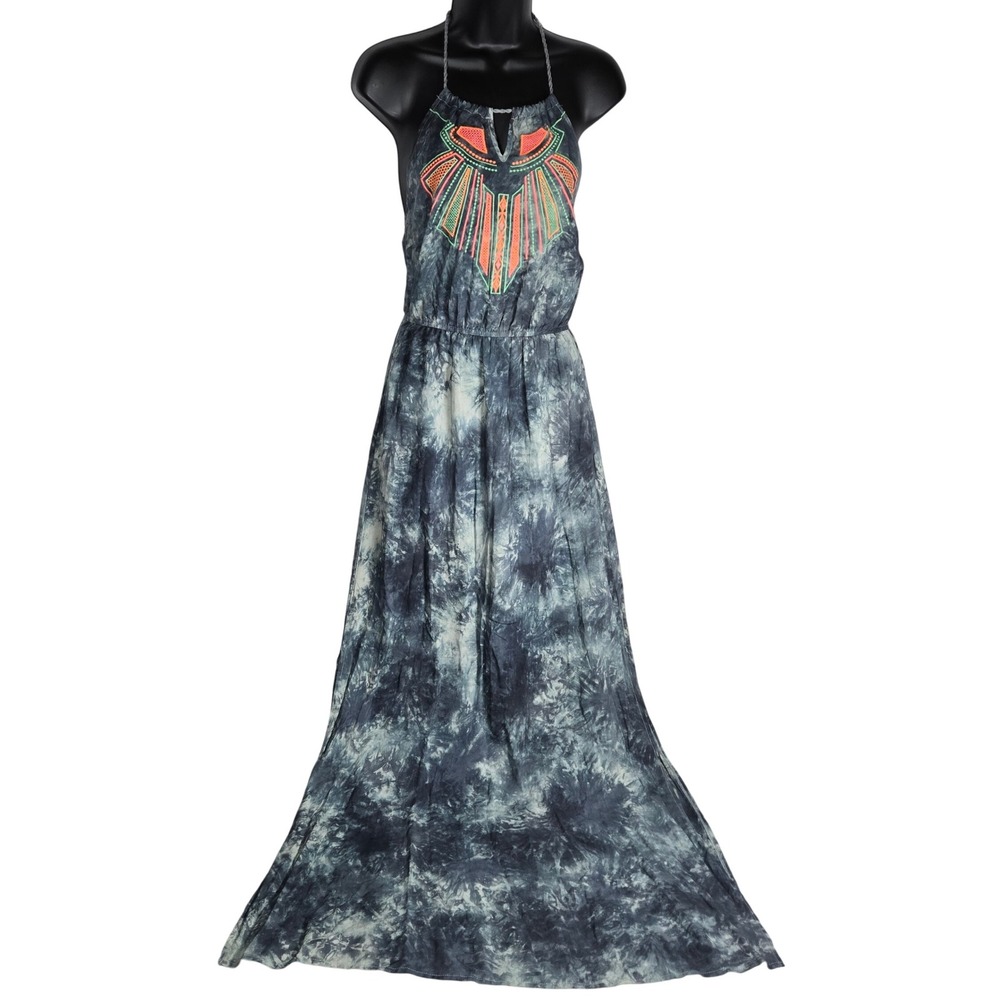 Flying Tomato Maxi Halter Dress Tie Dye Boho Tribal Neon Embroidered Tassel Sm